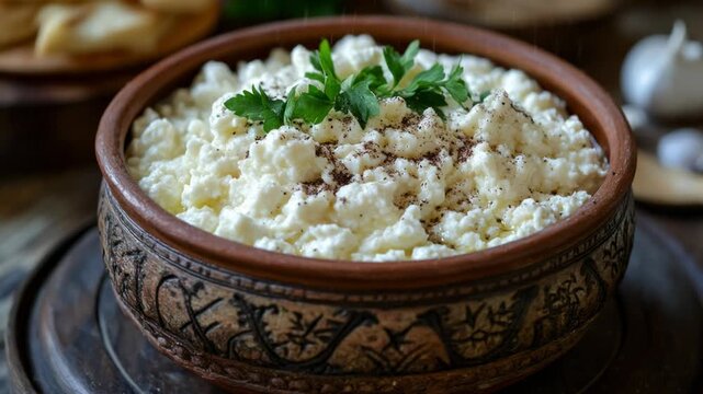 Fresh homemade cottage cheese with parsley and spices served in a decorative clay bowl