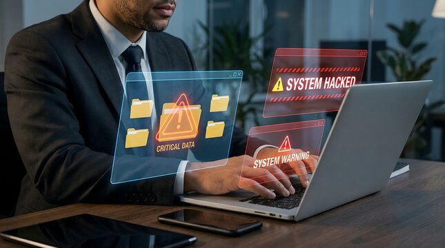 Businessman is actively working on his laptop while multiple urgent digital warnings appear, indicating a "system hacked" and "critical data" breach, highlighting cybersecurity threats.