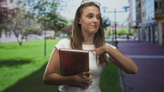 Young hispanic brunette woman holds ornate red book and points finger to chest in an urban street; self affirmation confident.