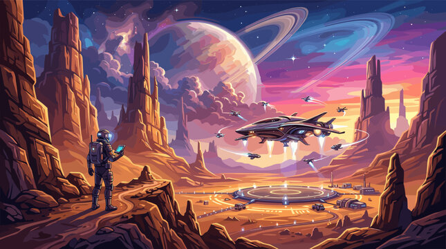 An astronaut observes a futuristic spaceport on a desert alien planet. Spaceships fly towards a landing pad under a vibrant sky with a large ringed planet. Epic sci-fi illustration.