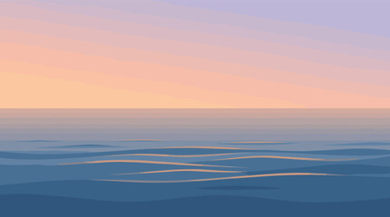 Obraz premium A serene digital illustration of a calm ocean at sunset. The peaceful seascape features a pastel sky and gentle waves, perfect for a tranquil background or wellness theme.