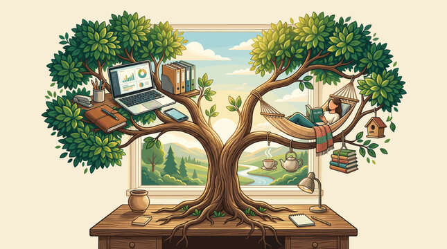 Conceptual art showing a tree split between work and leisure. One side has a laptop, the other a woman relaxing in a hammock. Symbolizes a healthy work-life balance and wellness.