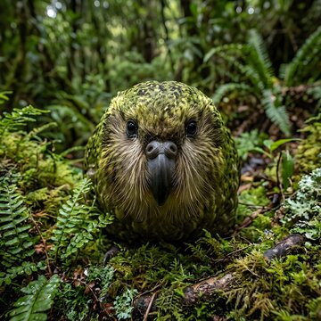 Close up portrait of a rare flightless kiwi parrot known as the adorable kākāpō bird resting in mossy forest