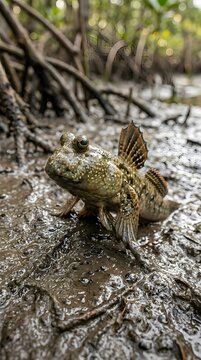 Detailed close-up of a fascinating mudskipper fish standing on wet mud in its natural habitat.