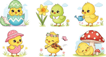Fototapeta premium A group of cartoon chicks in various springtime themed scenes and activities together