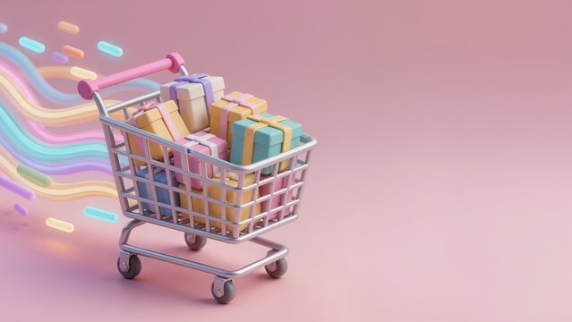 Fast Delivery Online Shopping Concept with 3D Cart and Gifts