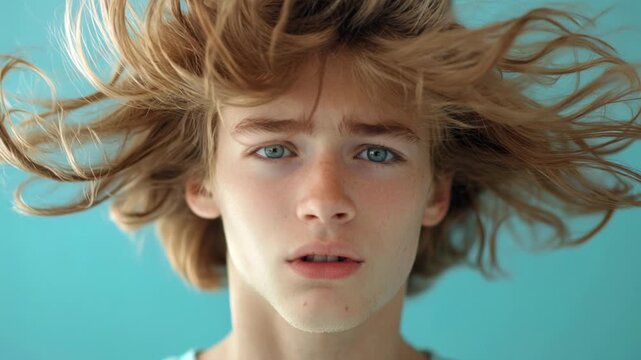 Young man with flowing hair falling down, seen from a low angle point of view
