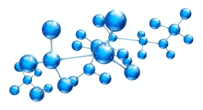 3D vector illustration of hyaluronic acid molecule models, futuristic molecular structure with glossy spheres and connecting lines, reflecting surfaces, clean scientific aesthetic, bright blue and cya