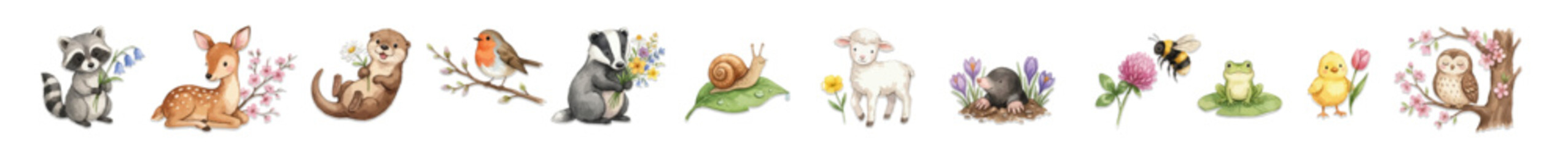 Cute watercolor farm animals and spring flowers clipart set  for nursery design. Collection of Vector illustrations. Perfect for invitation, card, poster, banner, decoration © maria