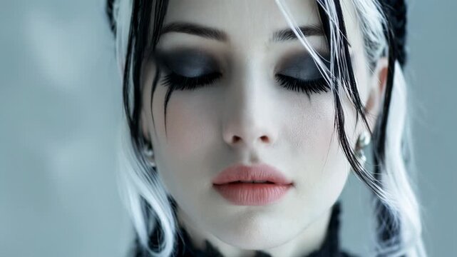 Close-up portrait of a fantasy woman with striking black and white hair and dramatic gothic makeup