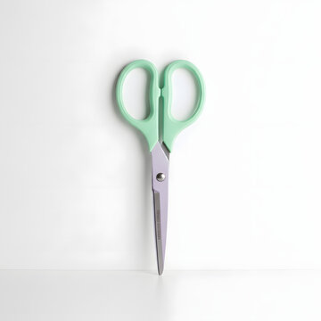 A pair of mint green handled scissors on a white background with a silver metal blade and handles