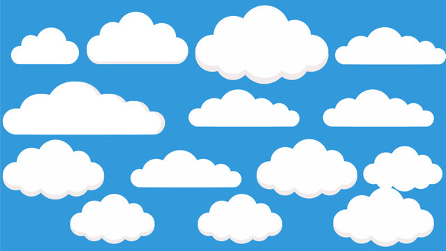 A collection of fluffy, white cumulus clouds float against a serene, clear blue sky, evoking a sense of tranquility and freedom.