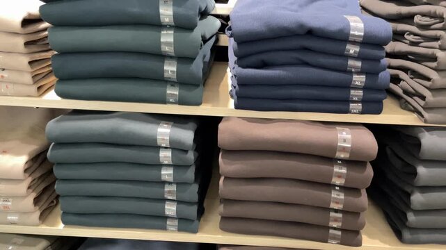 Folded sweaters stacked neatly on shelf in clothing store, showcasing varied sizes and colors