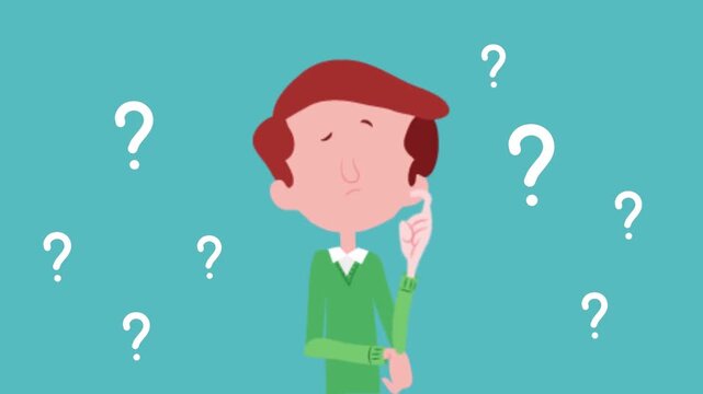 Confused young man surrounded by question marks, decision making 