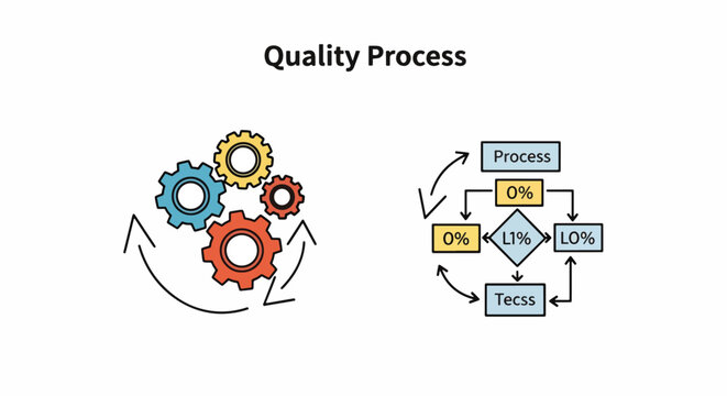 Quality process control flowchart with gear icons and workflow diagram for business efficiency and productivity improvement