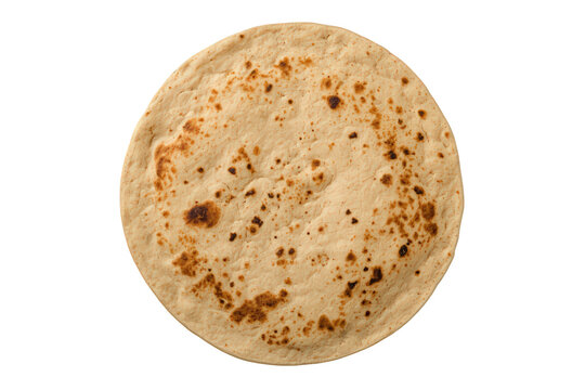 Freshly baked flatbread, also known as tortilla or chapati, isolated on a transparent background and seen from above