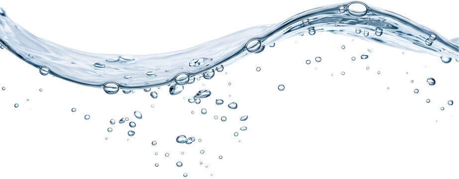Light blue water wave with floating bubbles and gentle ripples on a white background