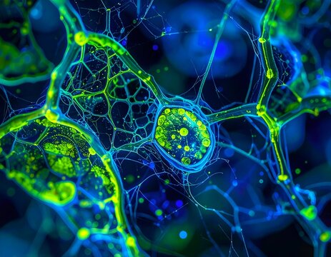 Microscopic macro view of a bright glowing green plant leaf cell structure featuring connected blue veins.