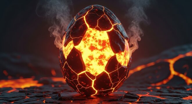 a soccer ball on fire with smoke and flames around it on a dark background with a lot of lava 3d ren