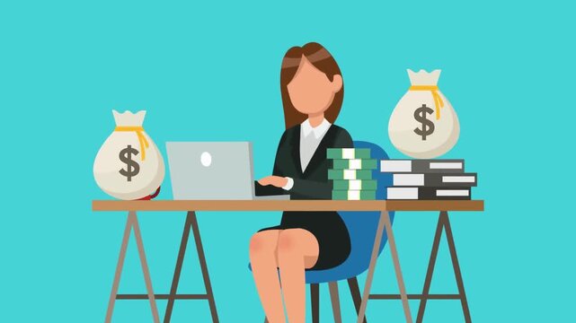 Businesswoman managing money and finances at desk with cash bags and laptop, financial planning 