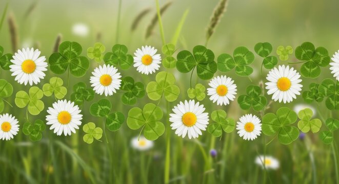 a field of white daisies and green clover on a sunny day outside outdoor scene natural lighting fiel