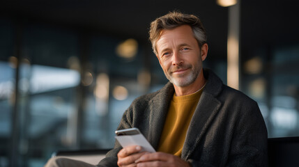 Obraz premium Solo traveler reviewing AI-generated restaurant recommendations on smartphone that match dietary restrictions while sitting in airport terminal with boarding pass visible, ideal for intelligent trav