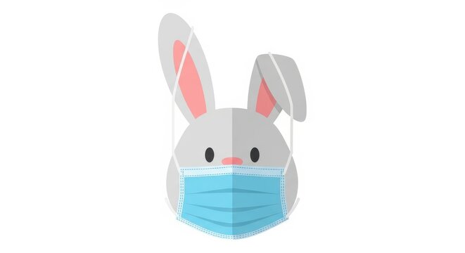 A cute cartoon bunny wearing a blue surgical face mask on white background with pink inner ears anim