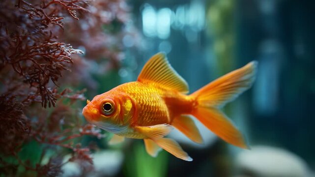 An Elegant Goldfish Swimming Through a Vibrant Aquatic Environment Surrounded by Plants and Colorful Vegetation in a Calm Aquarium Setting