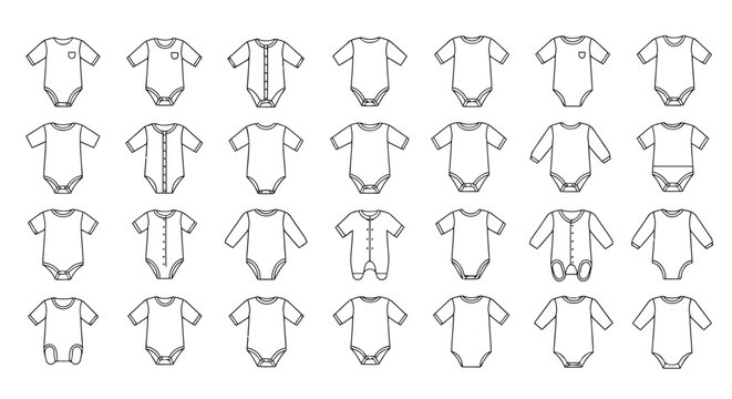 Collection of various baby onesie designs and styles for newborn clothing.