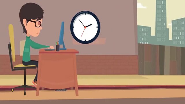 Man working at desk with clock behind, time management and productivity concept, deadline pressure office animation scene