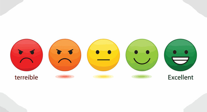 Row of colorful emoticon faces showing different ratings and emotions on a feedback scale from terrible to excellent
