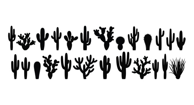 Diverse collection of stylized black silhouettes of cacti and desert plants
