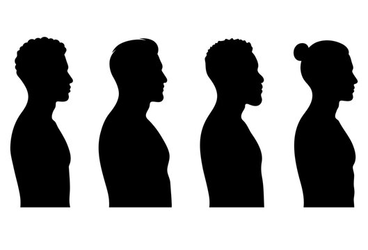 Set of male head profiles in silhouette with various modern hairstyles