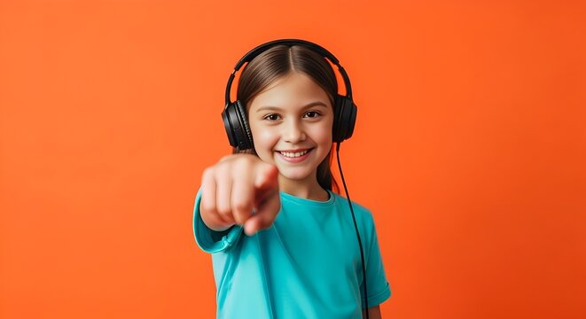 Smiling Girl in Headphones Pointing at Camera on Orange Background