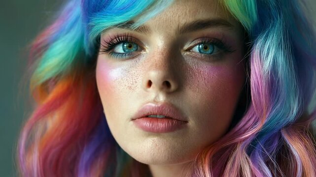 Stunning woman with colorful dyed hair and creative makeup looking at the camera