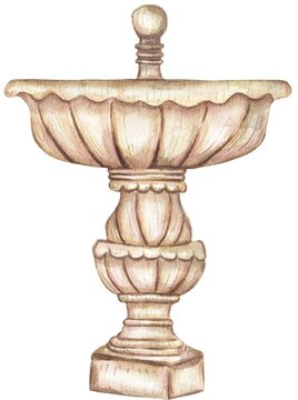 Watercolor Stone fountain illustration, garden decotation clipart