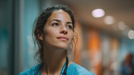 Obraz premium Young Latina Woman Listens During Rounds in a Teaching Hospital Corridor While Engaged in Her Learning as a Junior Doctor