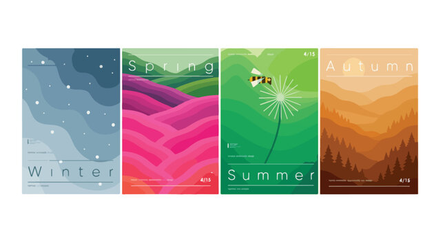 Minimalist four seasons poster set, abstract landscape illustrations for winter spring summer and autumn, colorful nature scenery vector collection
