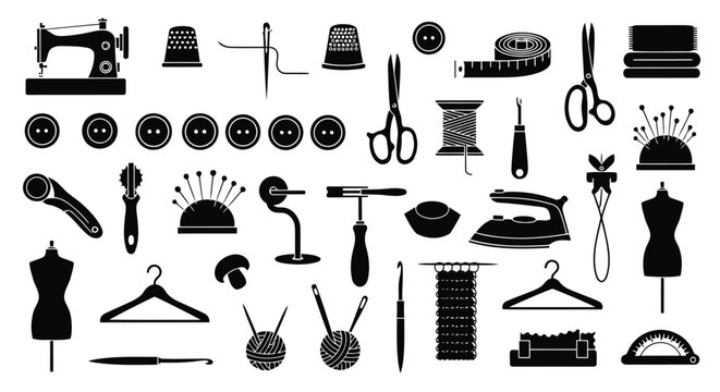 Vintage sewing and crafting tools icon collection in black and white