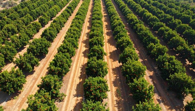 Aerial view of a vast orchard with rows of green trees (1)