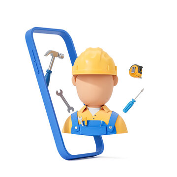 Digital construction worker avatar with floating tools emerging from smartphone frame in modern clean style representing service technology concept. 3D Rendering