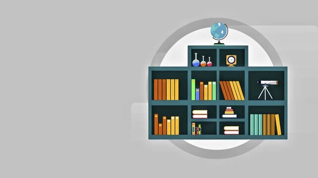 Animated home library featuring a large bookshelf filled with colorful books globe test tubes and a telescope for academic research.
