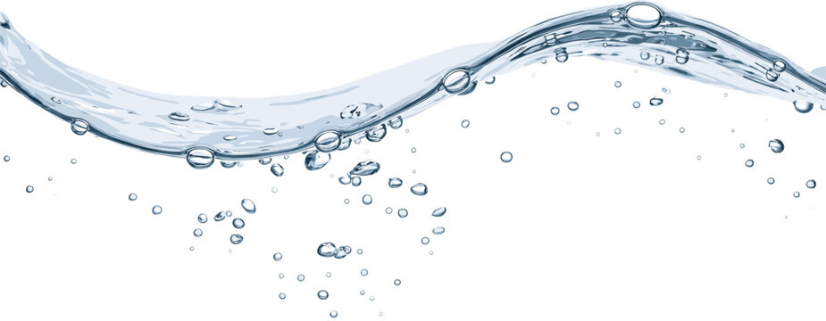 Light blue water wave with floating bubbles and gentle ripples on a white background isolated shapes