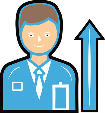 Cartoon man blue shirt and tie next to an arrow vector design