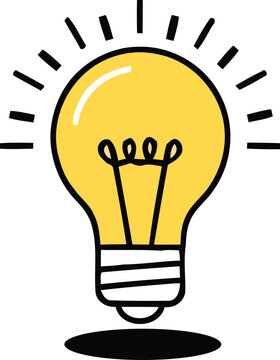 Simple yellow light bulb with black lines and white highlights shown vector design