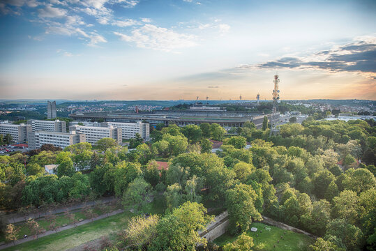 Strahov Stadium and Zizkov television tower at sunset in Prague