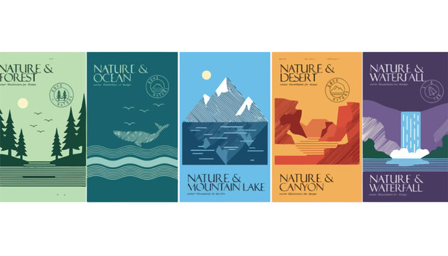Minimalist nature travel posters set, flat vector landscape illustrations of forest ocean mountain desert and waterfall, vintage national park art