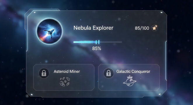 Futuristic space game UI with achievement progress for Nebula Explorer mission 85% complete. Locked challenges Asteroid Miner, Galactic Conqueror