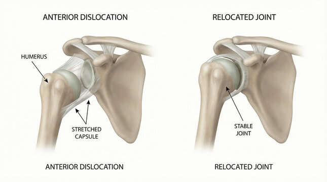 Labeled Anterior Shoulder Dislocation and Stable Joint Anatomy Illustration