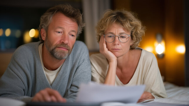 Husband and wife reviewing conflicting pension benefit options laid across bed in late evening, calculator showing insufficient retirement calculations causing visible stress, ideal for retirement i